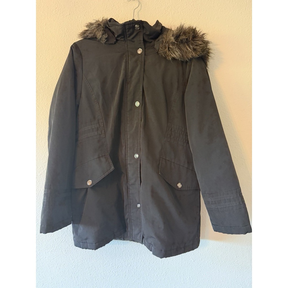 CROFT & BARROW WOMENS Black QUILTE COAT PARKA JACKET FAUX FUR HOOD RAIN RESIST L